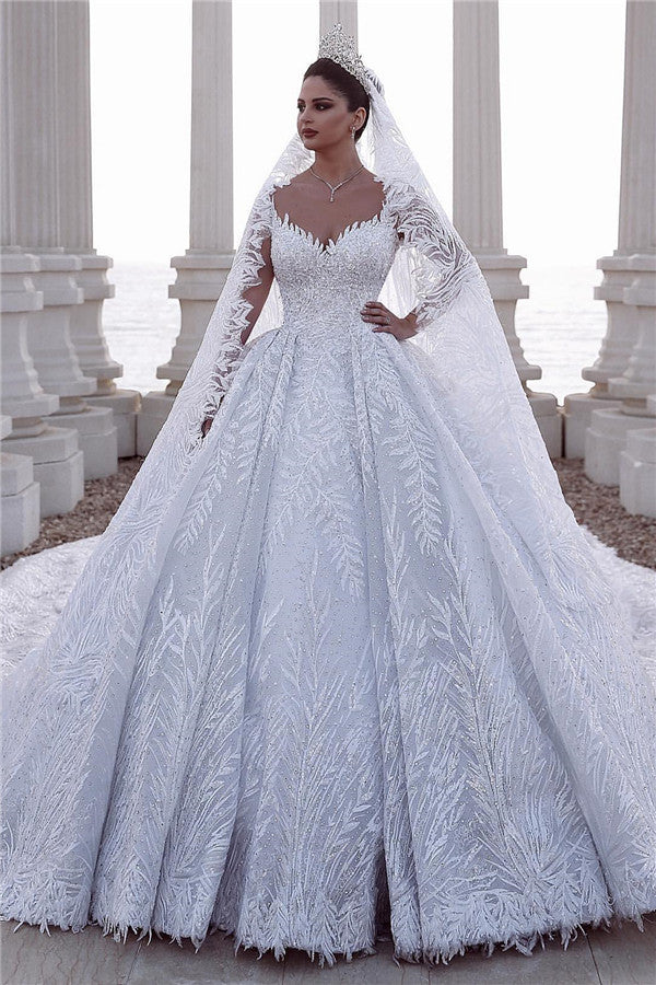 Luxurious Sweetheart Long Sleeves Lace Ball Gown Wedding Dress-27dress