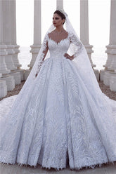 Luxurious Sweetheart Long Sleeves Lace Ball Gown Wedding Dress-27dress
