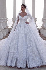 Luxurious Sweetheart Long Sleeves Lace Ball Gown Wedding Dress-27dress