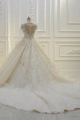 Luxury Ball Gown Jewel Tulle Wedding Dress Long Sleeves Lace Applqiues Beadings Bridal Gowns On Sale-27dress