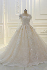 Luxury Ball Gown Jewel Tulle Wedding Dress Long Sleeves Lace Applqiues Beadings Bridal Gowns On Sale-27dress