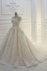 Luxury Ball Gown Jewel Tulle Wedding Dress Long Sleeves Lace Applqiues Beadings Bridal Gowns On Sale-27dress