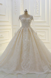 Luxury Ball Gown Jewel Tulle Wedding Dress Long Sleeves Lace Applqiues Beadings Bridal Gowns On Sale-27dress