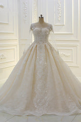 Luxury Ball Gown Jewel Tulle Wedding Dress Long Sleeves Lace Applqiues Beadings Bridal Gowns On Sale-27dress