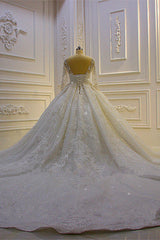 Luxury Ball Gown Lace Appliques Beading Wedding Dress Long Sleeves Ruffles Bridal Gowns On Sale-27dress