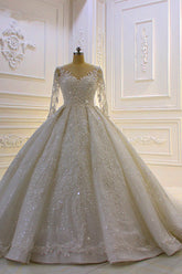 Luxury Ball Gown Lace Appliques Beading Wedding Dress Long Sleeves Ruffles Bridal Gowns On Sale-27dress