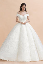 Luxury Ball Gown Lace Satin Sweetheart Wedding Dress Sleeveless Bridal Gowns with V-Back On Sale-27dress