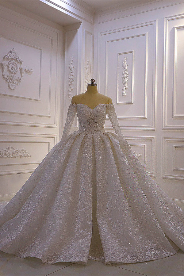 Luxury Ball Gown Long Sleeves Wedding Dress Tulle Lace Sweetheart Beadings Bridal Gowns On Sale-27dress