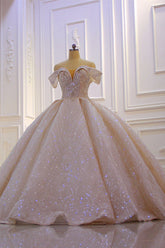 Luxury Ball Gown Off-the-Shoulder Wedding Dress Tulle Sequined Beadings Sleeveless Bridal Gowns Online-27dress