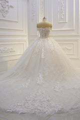 Luxury Ball Gown Strapless Tulle Wedding Dress Lace Appliques Sleeveless Sequined Bridal Gowns On Sale-27dress