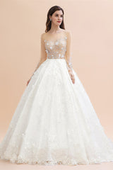 Luxury Ball Gown Tulle Lace Wedding Dress Long Sleeves Appliques Pearls Bridal Gowns with Flowers On Sale-27dress