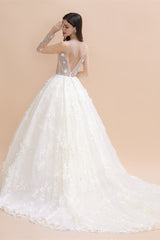 Luxury Ball Gown Tulle Lace Wedding Dress Long Sleeves Appliques Pearls Bridal Gowns with Flowers On Sale-27dress