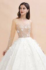 Luxury Ball Gown Tulle Lace Wedding Dress Long Sleeves Appliques Pearls Bridal Gowns with Flowers On Sale-27dress