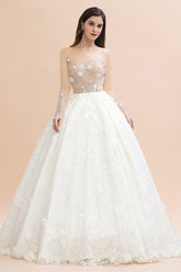 Luxury Ball Gown Tulle Lace Wedding Dress Long Sleeves Appliques Pearls Bridal Gowns with Flowers On Sale-27dress