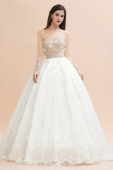 Luxury Ball Gown Tulle Lace Wedding Dress Long Sleeves Appliques Pearls Bridal Gowns with Flowers On Sale-27dress