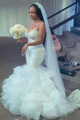 Luxury Long Mermaid Sweetheart Strapless Ruffles Beaded Crystal Wedding Dress-27Dress