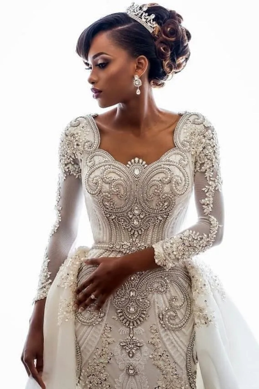 Luxury Long Sleeves Detachable Train Wedding Dresses with Beading and Crystal-27dress