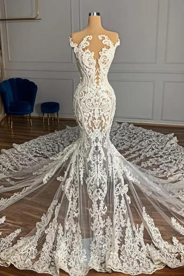 Luxury Mermaid Jewel Neck Tulle Long Beading Wedding Dress with Appliques Lace-27dress
