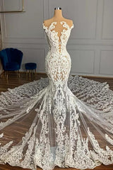 Luxury Mermaid Jewel Neck Tulle Long Beading Wedding Dress with Appliques Lace-27dress