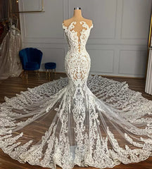 Luxury Mermaid Jewel Neck Tulle Long Beading Wedding Dress with Appliques Lace-27dress