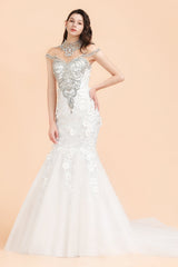 Luxury Mermaid Wedding Dress Tulle Lace Sequins Sleeveless Bridal Gowns with Pearls-27dress