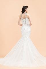 Luxury Mermaid Wedding Dress Tulle Lace Sequins Sleeveless Bridal Gowns with Pearls-27dress