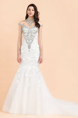 Luxury Mermaid Wedding Dress Tulle Lace Sequins Sleeveless Bridal Gowns with Pearls-27dress