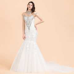 Luxury Mermaid Wedding Dress Tulle Lace Sequins Sleeveless Bridal Gowns with Pearls-27dress