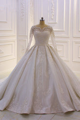 Luxury Satin Tulle Ruffle Wedding Dress Long Sleeves Appliques Beadings Bridal Gowns On sale-27dress