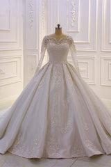 Luxury Satin Tulle Ruffle Wedding Dress Long Sleeves Appliques Beadings Bridal Gowns On sale-27dress