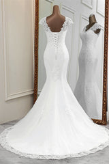 Luxury V-Neck Sleeveless White Lace Mermaid Wedding Dresses with Appliques-27dress
