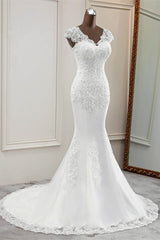 Luxury V-Neck Sleeveless White Lace Mermaid Wedding Dresses with Appliques-27dress