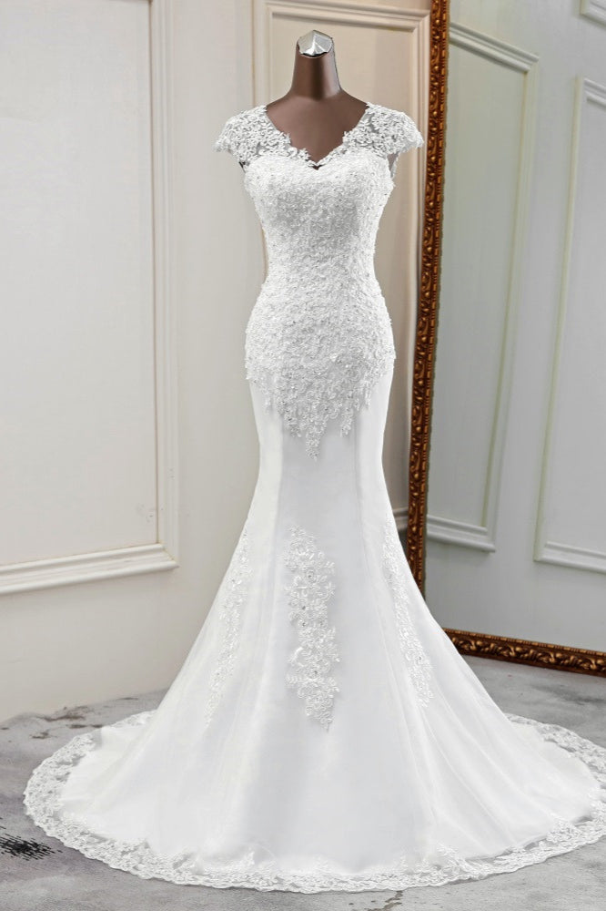 Luxury V-Neck Sleeveless White Lace Mermaid Wedding Dresses with Appliques-27dress