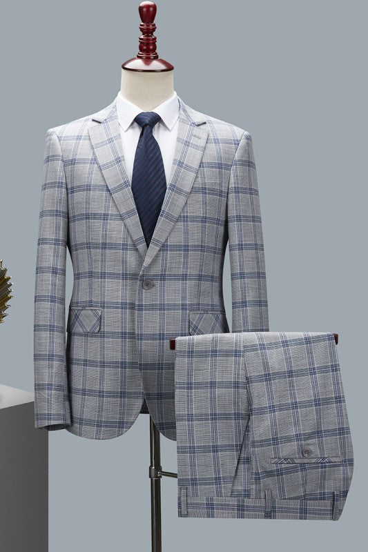 Men Business Suit Gray Plaid Two Pieces Notched Lapel Suits For Men-27dress
