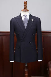 Men Classic Business Suits Dark Blue Peaked Lapel Double Breasted Blazer-27dress
