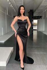 Mermaid Black Spaghetti Strap Sleeveless Long Prom Dress With High Split