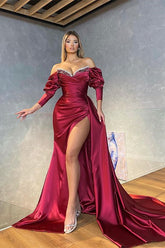 Mermaid Burgundy Off the Shoulder Long Sleeves Long Prom Dress With Split