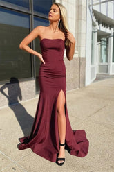 Mermaid Burgundy Strapless Sleeveless Sweetheart Long Prom Dress With Split