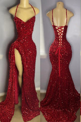 Mermaid Halter Sweetheart Sequined Long Backless Prom Dresses with High Split-27dress