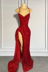 Mermaid Halter Sweetheart Sequined Long Backless Prom Dresses with High Split-27dress