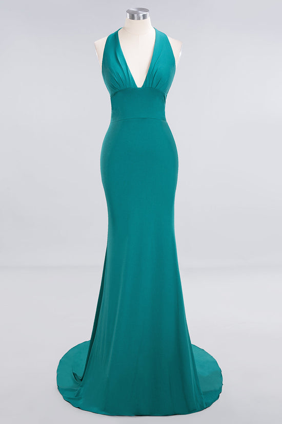 Mermaid Halter V-Neck Dark Green Chiffon Bridesmaid Dress with Open Back-27dress