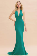 Mermaid Halter V-Neck Dark Green Chiffon Bridesmaid Dress with Open Back-27dress