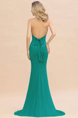 Mermaid Halter V-Neck Dark Green Chiffon Bridesmaid Dress with Open Back-27dress
