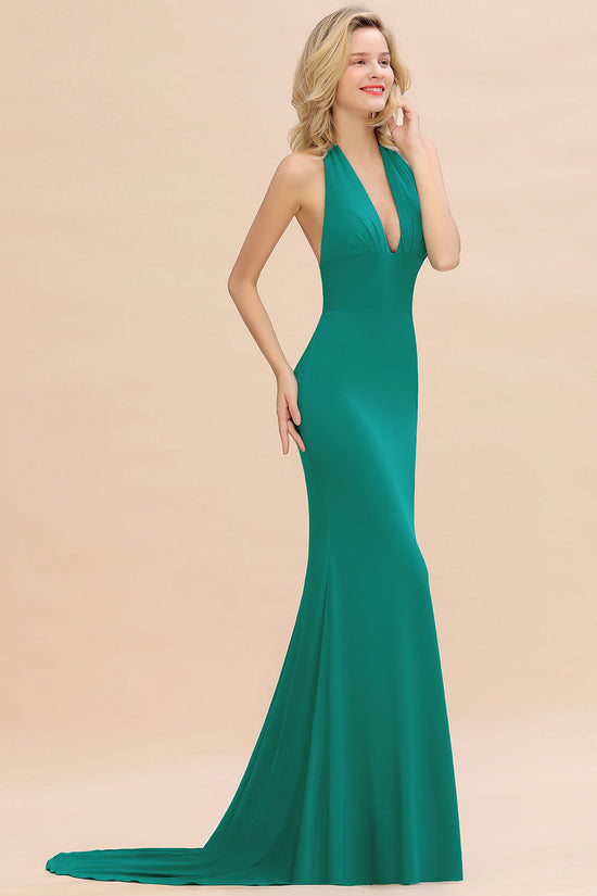 Mermaid Halter V-Neck Dark Green Chiffon Bridesmaid Dress with Open Back-27dress