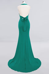 Mermaid Halter V-Neck Dark Green Chiffon Bridesmaid Dress with Open Back-27dress