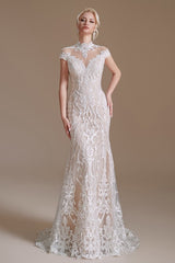 Mermaid High Neck Wedding Dress Lace With Cap Sleeves-27dress