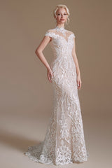 Mermaid High Neck Wedding Dress Lace With Cap Sleeves-27dress