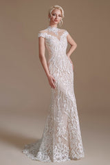 Mermaid High Neck Wedding Dress Lace With Cap Sleeves-27dress