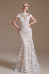 Mermaid High Neck Wedding Dress Lace With Cap Sleeves-27dress