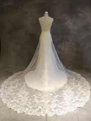Mermaid Illusion Tulle Chapel Train Wedding Dress with Appliques Lace